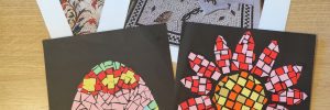 Colorful paper mosaics created at the Easter family workshop in Dublin, showcasing vibrant patterns and designs.